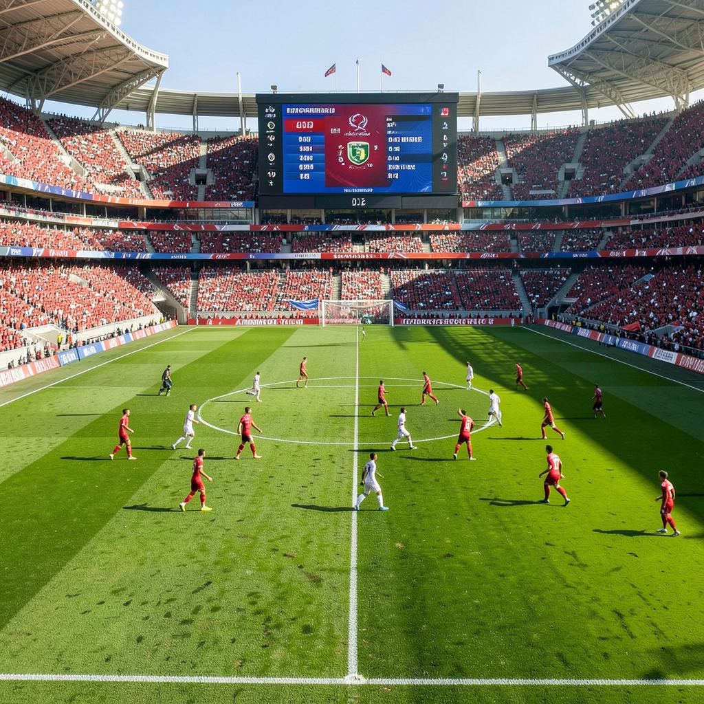 A wide-angle view of a World Cup match in a packed stadium with a live scoreboard visible.