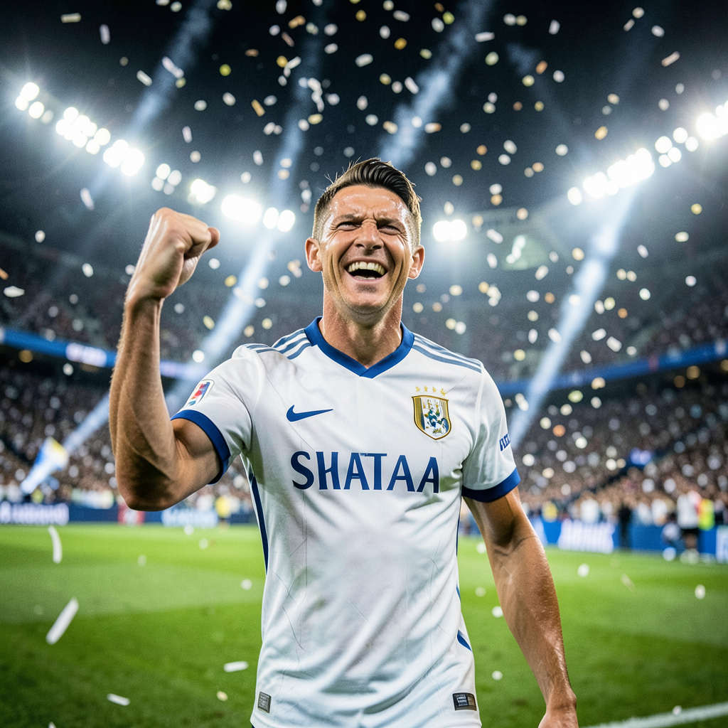 Lionel Messi celebrating in an Argentina jersey on the pitch during a 2026 World Cup match.