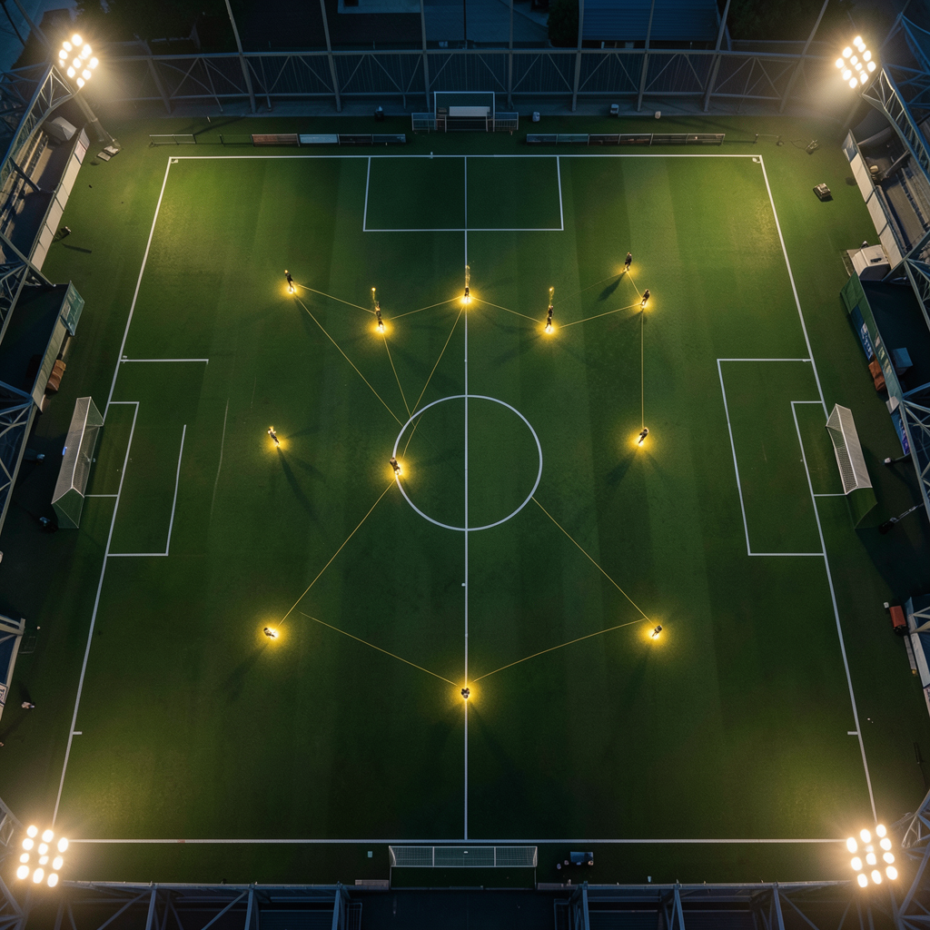 Tactical overhead view of a fantasy football formation on a green pitch.